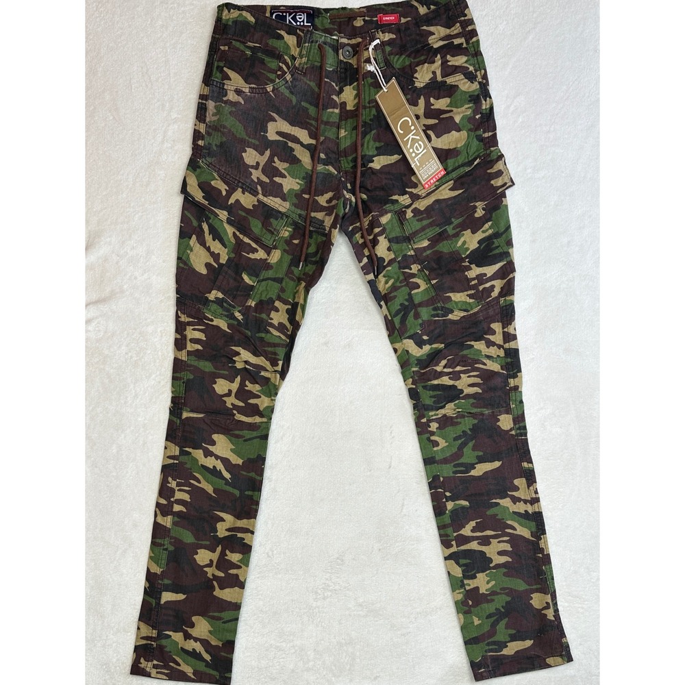 CKëL Mens Skinny Cargo Pants 30x32 Camouflage Stretch Woodland Green Brown NEW